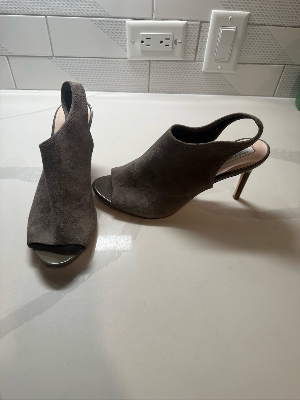 Cole Haan Gray Suede Peep-Toe Slingback Heels